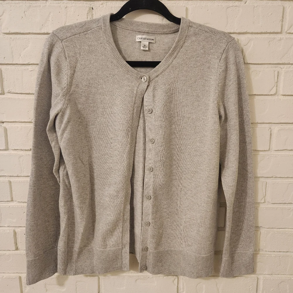 Croft And Barrow Silver Sparkle Gray Cardigan Sweater Medium - Picture 1 of 9